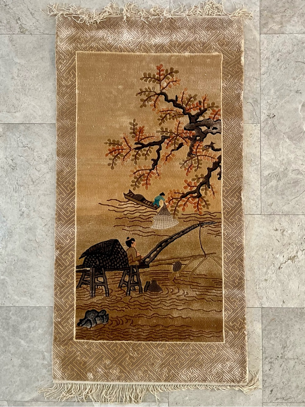 Antique Chinese Silk Pictorial Runner Rug - 99 KPSI.